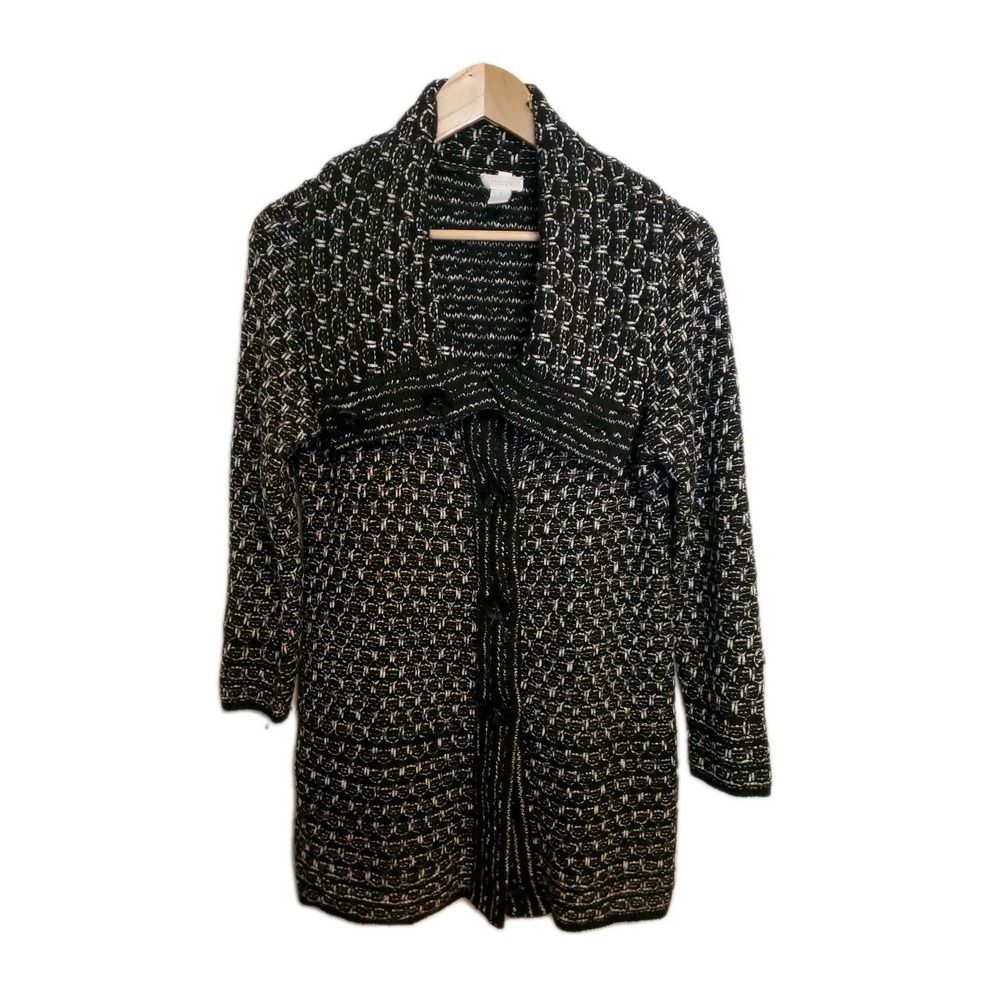 Chico's Black White Sz 1 (M) Chunky Knit Button Cardigan Sweater Long Sleeve